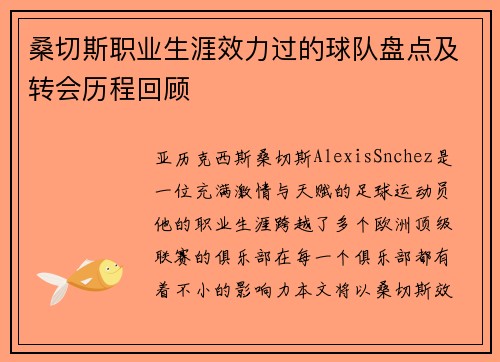 桑切斯职业生涯效力过的球队盘点及转会历程回顾